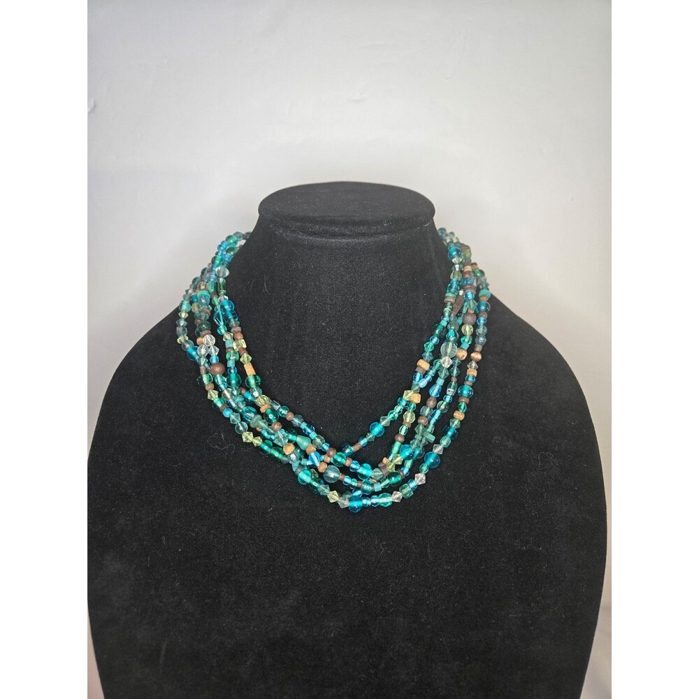 Multistrand Necklace with Green Blue Gold Beads Gold Tone Adjustable Length